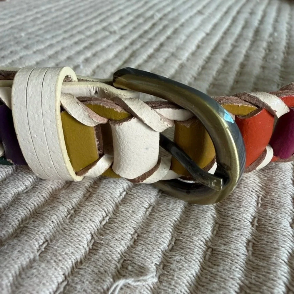 Braided Woven Belt Womens XL 47in Multi-Color Bonded Leather Boho Eclectic